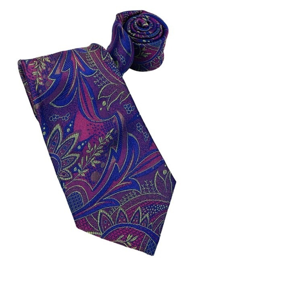 Millers Oath Purple & Green Metallic Floral Print Silk Tie Made in USA 3.5"